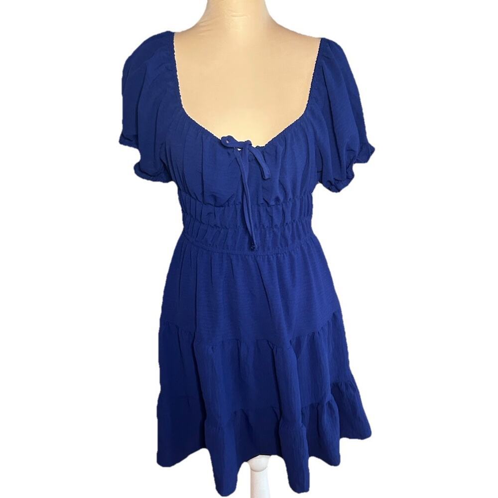 Liberty Love Blue Milkmaid Dress Cottagecore Tiered Mini Smocked Waist Women’s M